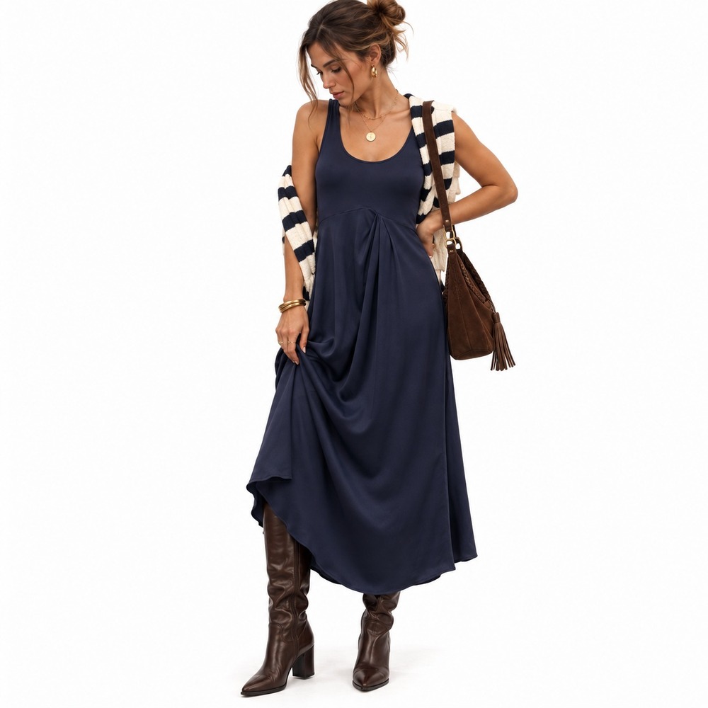ANTHROPOLOGIE Women XXS Maxi Dress Gemini Twofer Satin Navy Sleeveless Bohemian